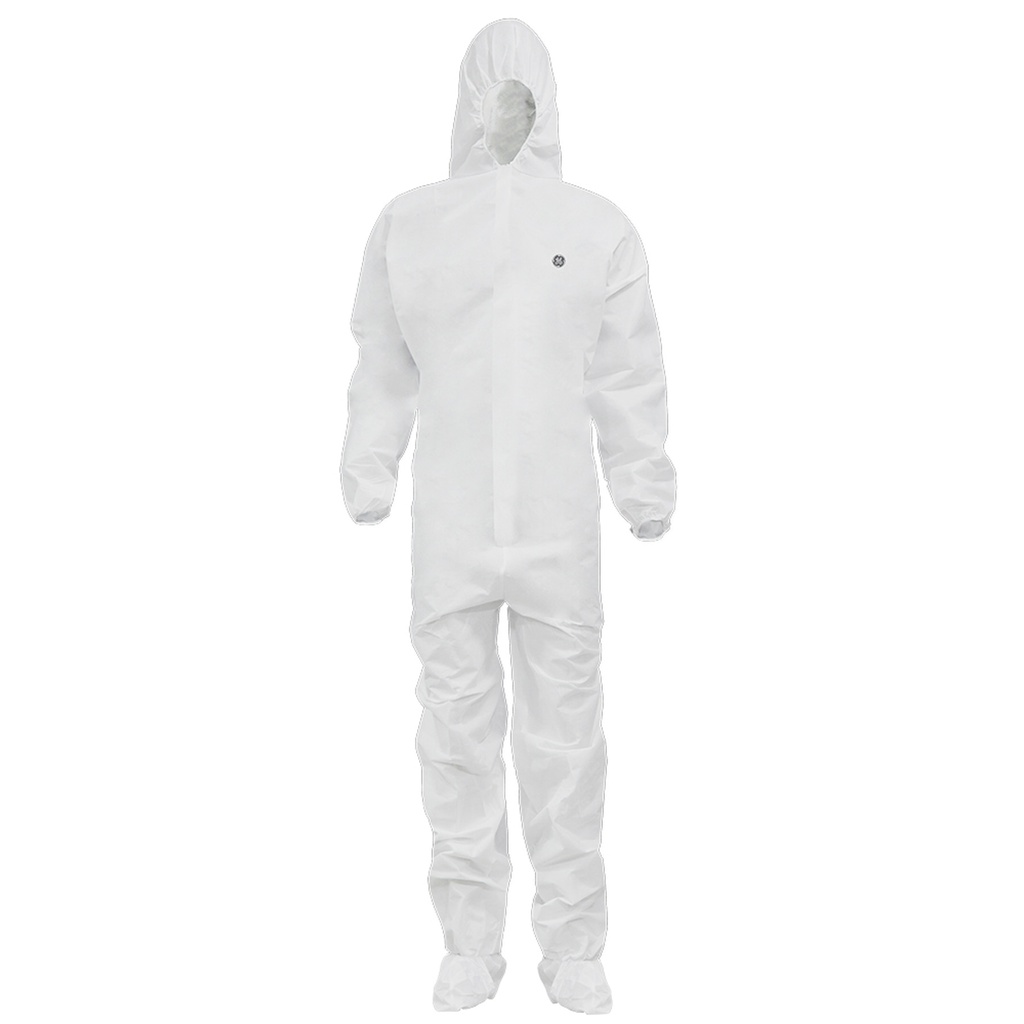 GE MICROPOROUS-63GSM DISPOSABLE COVERALL W/HOOD & BOOTS XL
